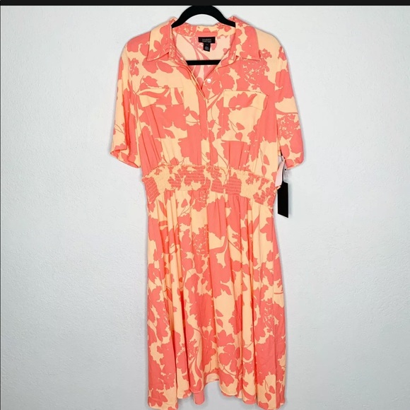 Halogen x Atlantic-Pacific NWT Floral Dress Large Coral Smocked Utility Tropical - Picture 2 of 16